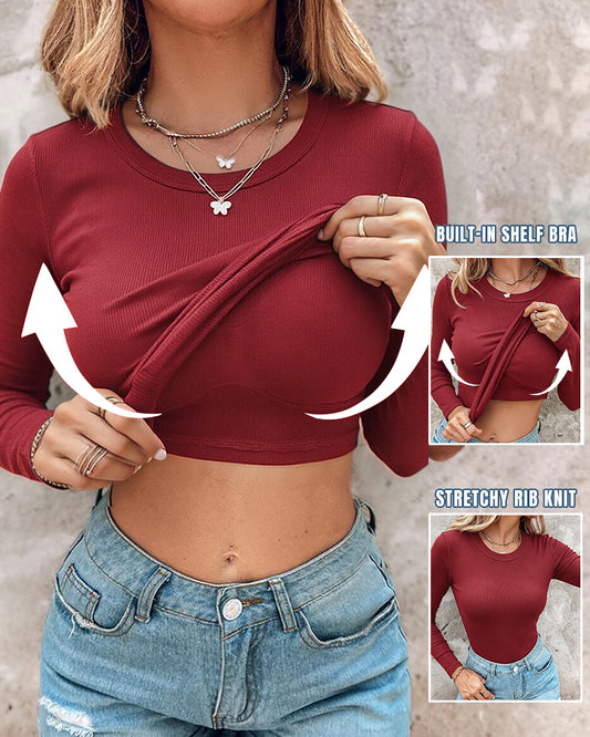 Langarm-Rippstrick-Top für Damen mit Rundhalsausschnitt, schmaler Passform, Basisschicht-Shirt, weiches, dehnbares Freizeit-T-Shirt mit integriertem BH