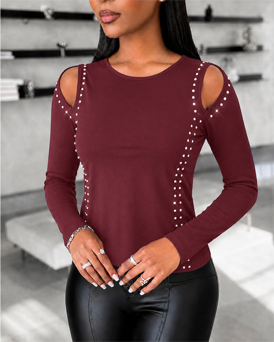 Langärmliges Damen-Oberteil mit glitzerndem Strass-Ausschnitt, schmal geschnittenes T-Shirt mit Rundhalsausschnitt