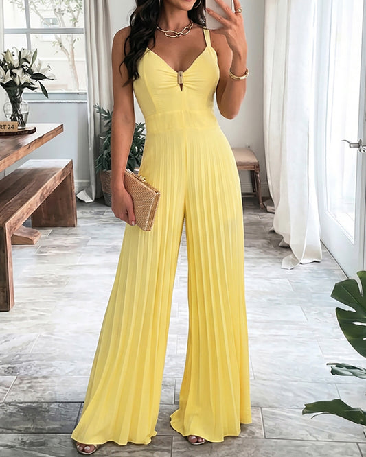 Metal Decor Deep V-Neck Adjustable Spaghetti Straps Hollow-out Front Overalls Casual Shirred Back Cinched Waist Pleated Wide Leg Jumpsuit