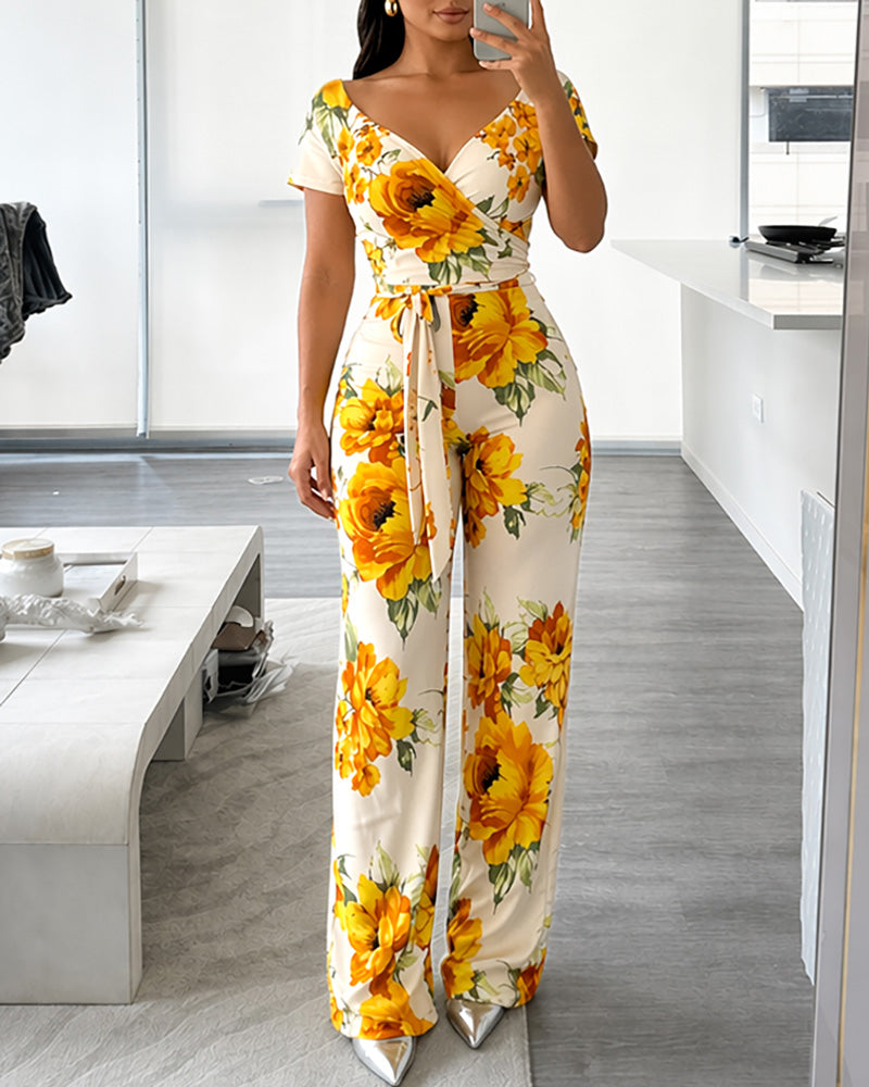 Women's Floral Print Jumpsuit Sexy Cross V Neck Backless Short Sleeve Ruched High Waist Overalls with Belt