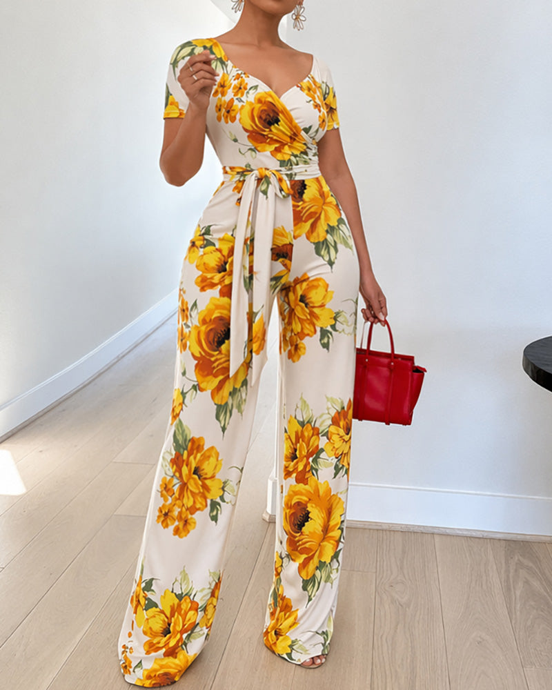 Women's Floral Print Jumpsuit Sexy Cross V Neck Backless Short Sleeve Ruched High Waist Overalls with Belt