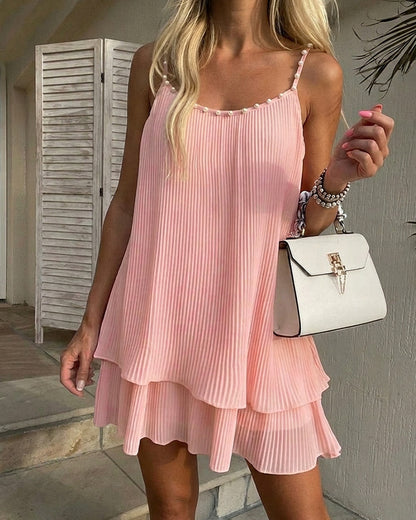 Women's Pearls Embellished Straps Mini Dress Backless Pleated Dress Casual Double Layer Lettuce Trim Cami Sun Dress