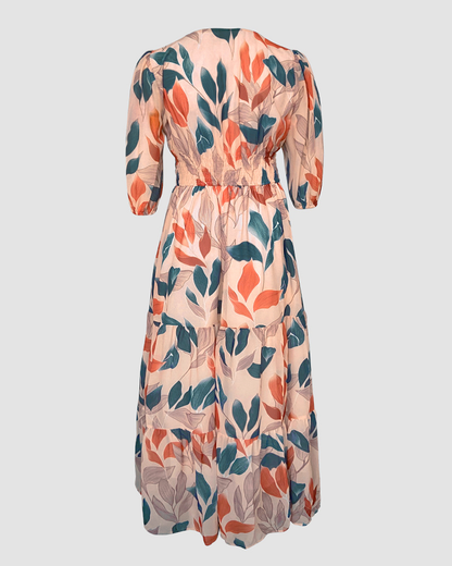 Plants Print V-Neck Half Sleeve Shirred Back Maxi Dress Casual Button Decor Ruched Ruffle Hem Vacation Dress