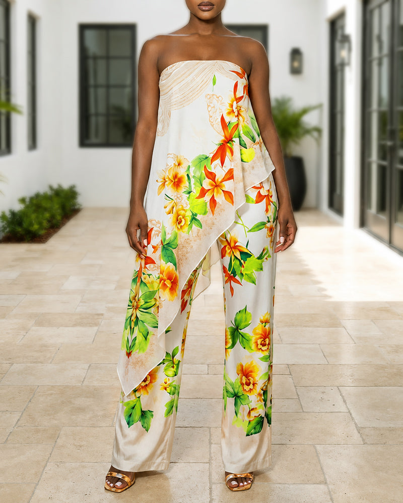 Women's Tropical Floral Jumpsuit Sexy Strapless Tube Overalls High Waisted Faux Two-Piece Jumpsuits with Detachable Clear Straps
