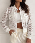 Women's Lace Hollow Out Bomber Jacket Sheer Wave Pattern Lace Zip Up Outerwear Ribbed Trim Coat