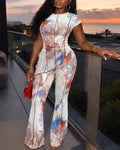 Women's 2 Piece Mesh Set Vintage Print Short Sleeve Top and High Waisted Flare Pants Set with Lining