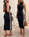 Women's Ribbed Knit Halter Midi Dress Backless Racerback Bodycon Dress Side Contrast Stripe Sleeveless Dress