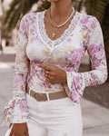 Women's French Floral Print Slim Fit Top Lace V Neck Double Layer Flared Cuffs Soft Stretch Knit Blouse
