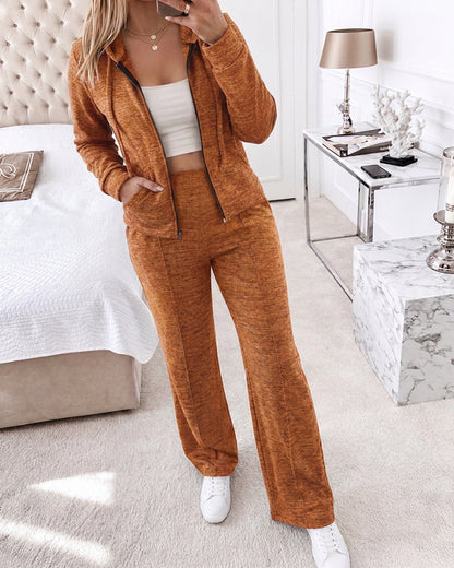 2-teiliges Set mit langärmeligem Hoodie-Mantel mit Reißverschluss und Kordelzug und lässiger Hose mit elastischem Bund und Naht vorne und geradem Bein