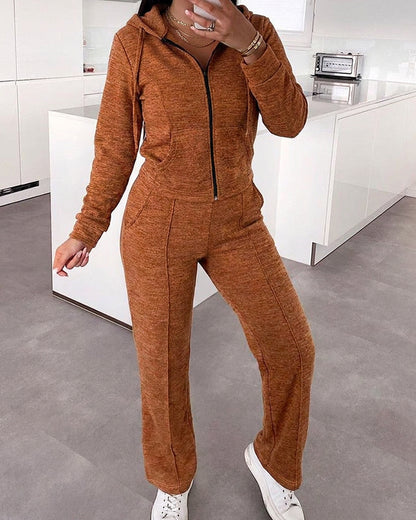 2-teiliges Set mit langärmeligem Hoodie-Mantel mit Reißverschluss und Kordelzug und lässiger Hose mit elastischem Bund und Naht vorne und geradem Bein