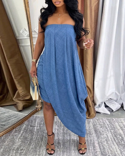 Women's Faux Denim Print Tube Dress Sexy Strapless Ruched Bodycon Dress Asymmetrical Layered Hem Vacation Sundress