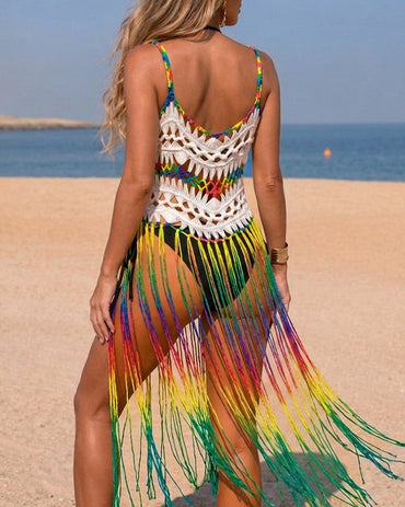 Women's Colorful Tassel Crochet Cover Up Hollow Out Backless Cami Beach Top