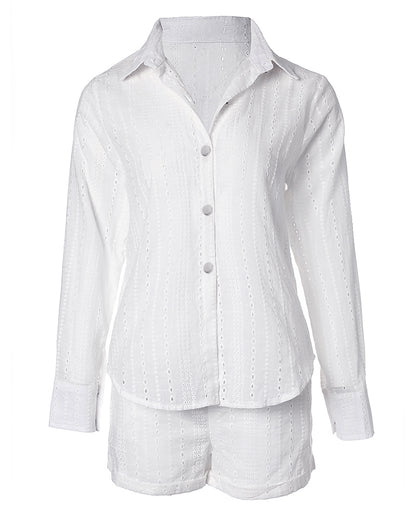 2 Pieces Outfit Turn Down Collar Button Front Eyelet Embroidery Top And Casual Elastic Waist Shorts Set With Lining