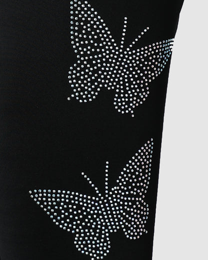 Rhinestone Butterfly Pattern High Waist Skinny Pants