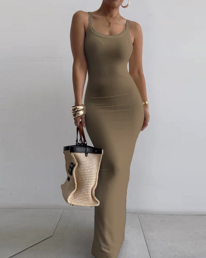 Spaghetti Strap U-Neck Casual Maxi Dress Slim Fit Cami Vacation Dress