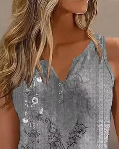 CHICME Women's Casual Floral Print Tank Top Sleeveless Notch Neck Vest with Rhinestone Accents