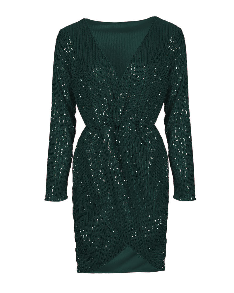 Long Sleeve Wrap Sequin Party Dress