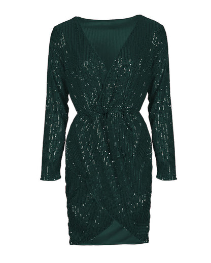 Long Sleeve Wrap Sequin Party Dress