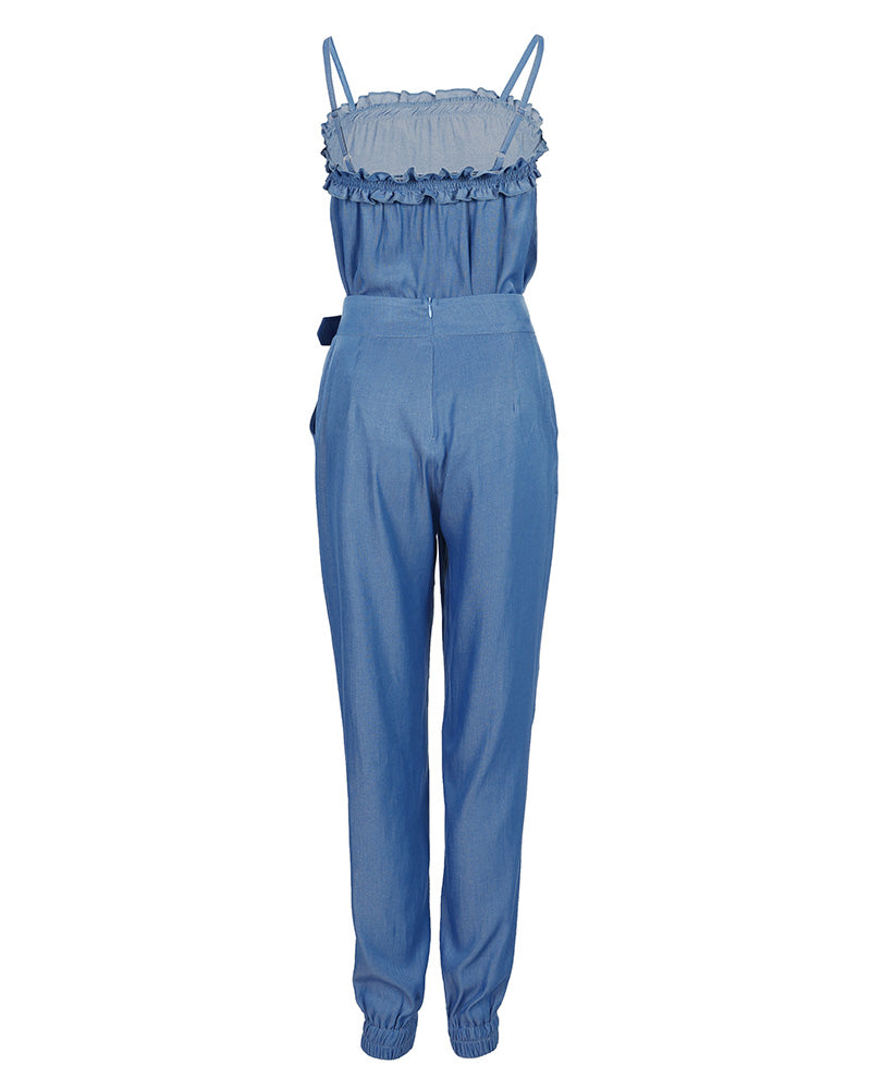 Women's Denim Look 2 Piece Set Adjustable Cami Frill Hem Top and High Waisted Cuffed Pants Set with Pockets