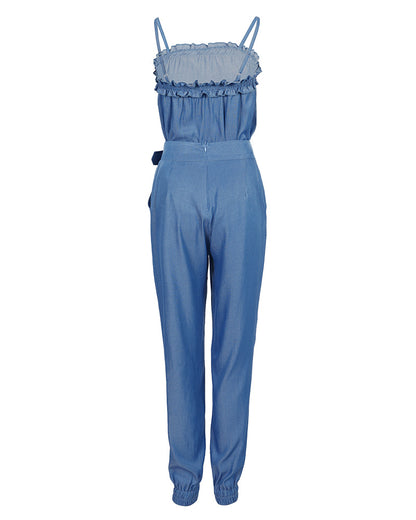 Women's Denim Look 2 Piece Set Adjustable Cami Frill Hem Top and High Waisted Cuffed Pants Set with Pockets