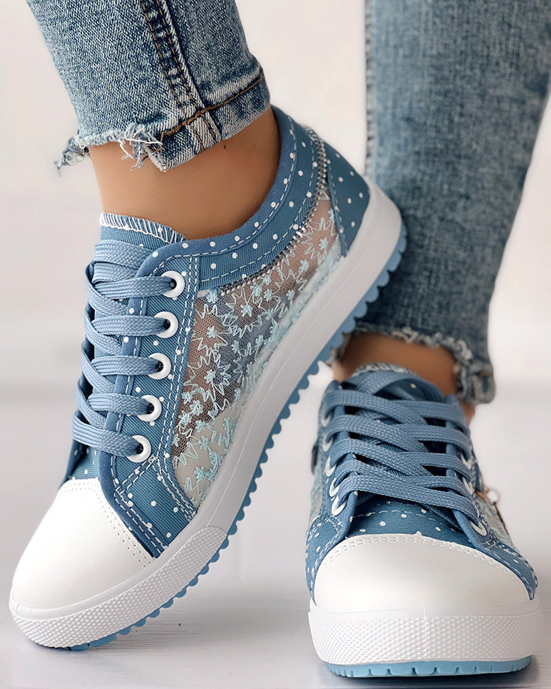 Floral Pattern Embroidery Dot Print Sneakers