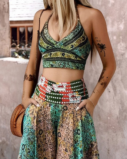 2 Piece Tribal Pattern V-Neck Sleeveless Spaghetti Strap Crop Tank Shirred High Waist Wide Leg Pants Vacation Pants Set
