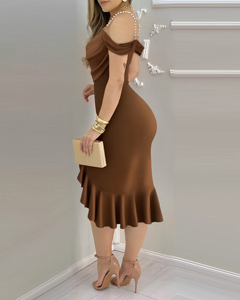 Cold Shoulder Pearls Straps Bodycon Dress Cowl Neck Asymmetrical Ruffle Hem Party Dress