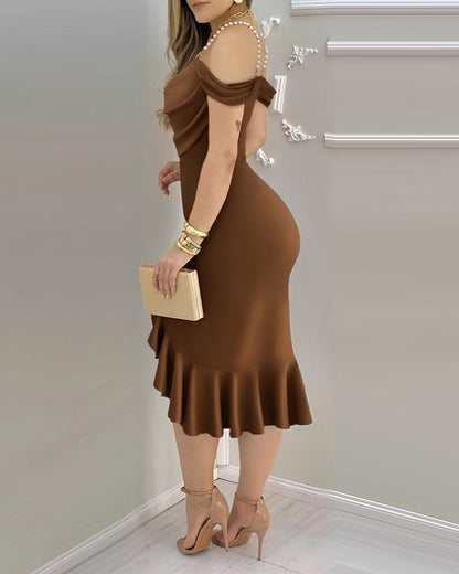 Cold Shoulder Pearls Straps Bodycon Dress Cowl Neck Asymmetrical Ruffle Hem Party Dress