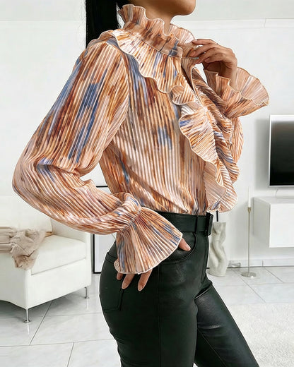 Tie Dye Print Stand Collar Flared Cuffs Button Front Blouse Casual Ruffles Design Pleated Top
