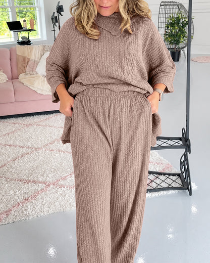 Women's 2 Piece Ribbed Knit Set Asymmetrical Zipper Turtleneck Batwing Sleeve Top and Pants Casual Loungewear