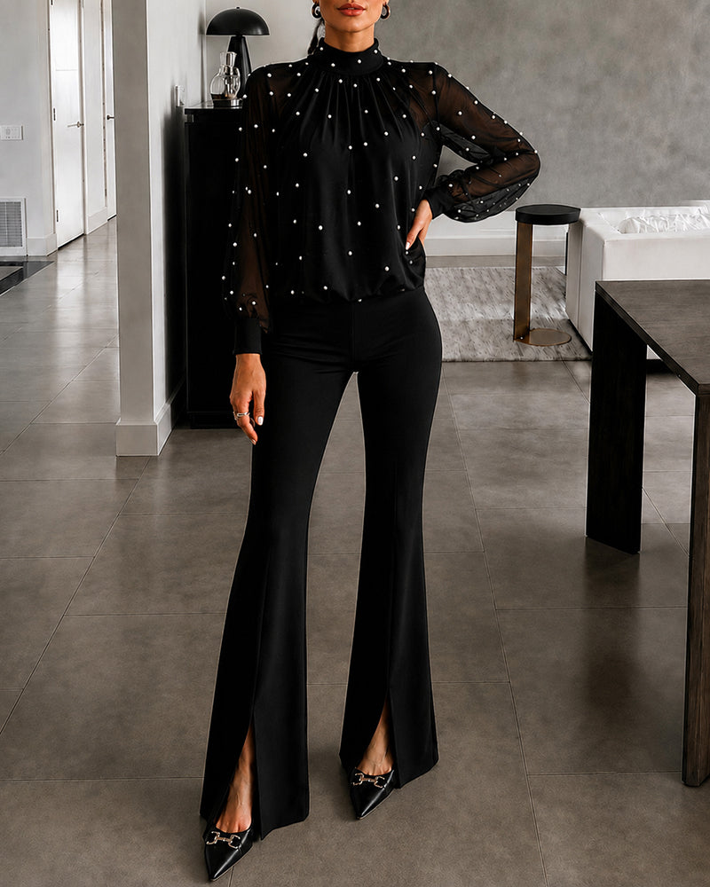 Women's Two Piece Set Mock Neck Lantern Sleeve Pearl Chiffon Top and High Waist Slit Flare Pants
