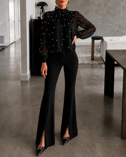 Women's Two Piece Set Mock Neck Lantern Sleeve Pearl Chiffon Top and High Waist Slit Flare Pants