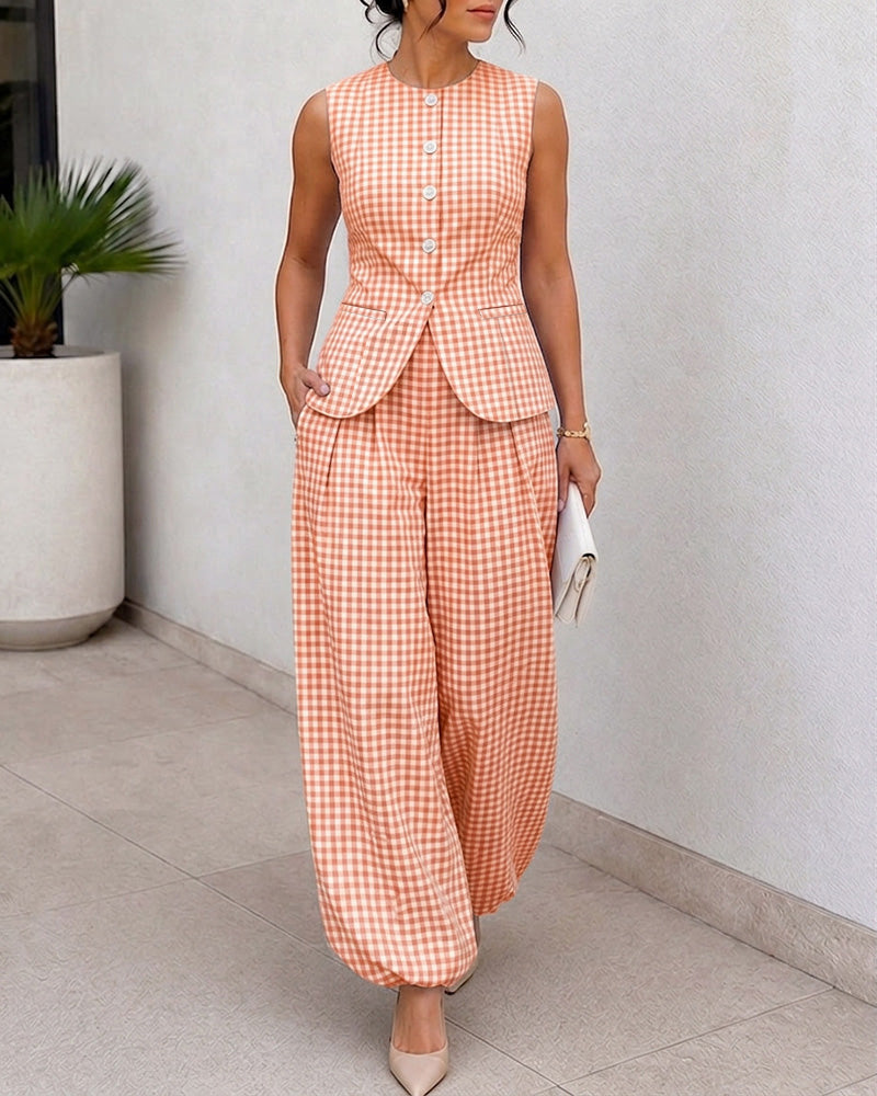 Women's French Vintage Plaid 2 Piece Outfits Sleeveless Button Vest Top and High Waist Lantern Pants Set