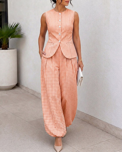 Women's French Vintage Plaid 2 Piece Outfits Sleeveless Button Vest Top and High Waist Lantern Pants Set