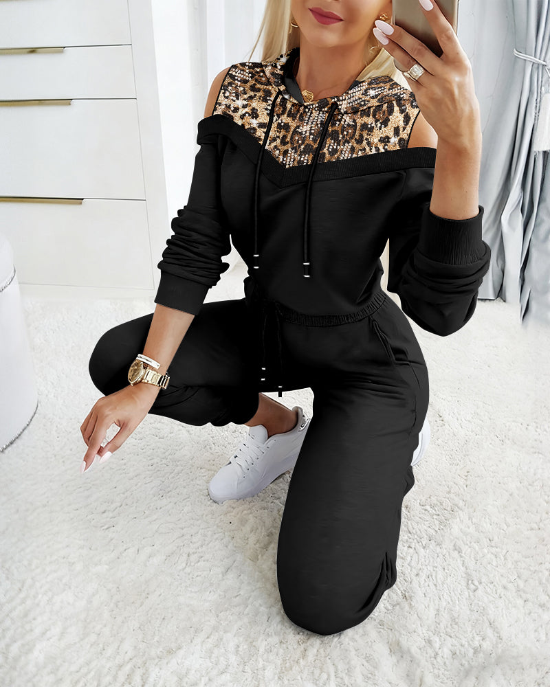2 Pieces Outfit Sequin Decor Leopard Print Spliced Cold Shoulder Long Sleeve Drawstring Hoodie Sweatshirt and Casual Drawstring Elastic Waist Jogger Sweatpants Set