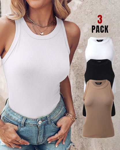 3 Pack Knit Round Neck Thick Strap Racerback Tank Tops(Without Pads)
