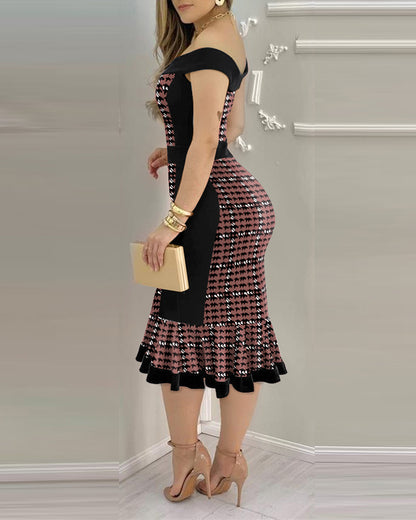 Houndstooth Print Off Shoulder Bodycon Dress Ruffle Hem Vintage Mid-length Dress