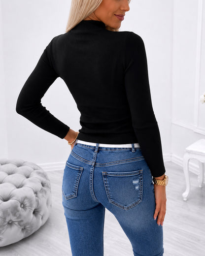 Women's Rhinestone Sheer Mesh Top Mock Neck Long Sleeve Ribbed Knit Top Sparkly Fitted Pullover