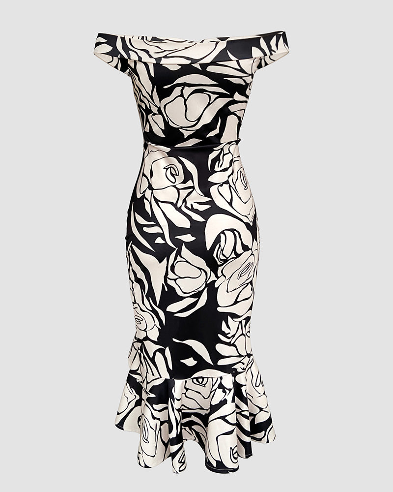 Floral Pattern Off Shoulder Ruffle Hem Slit Dress