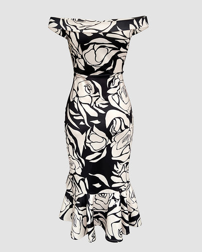 Floral Pattern Off Shoulder Ruffle Hem Slit Dress