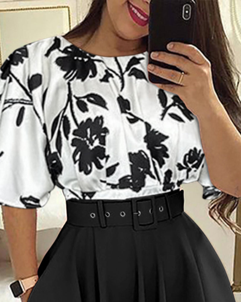 2 Pieces Outfit Colorblock Floral Print Bell Sleeve Hollow-out Back Shirred Back Hem Top and Casual A-line Skirt Set with Belt