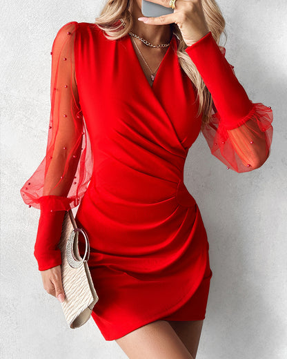 Beaded Mesh Long Sleeve Dress V-Neck Ruched Mini Cocktail Party Dress