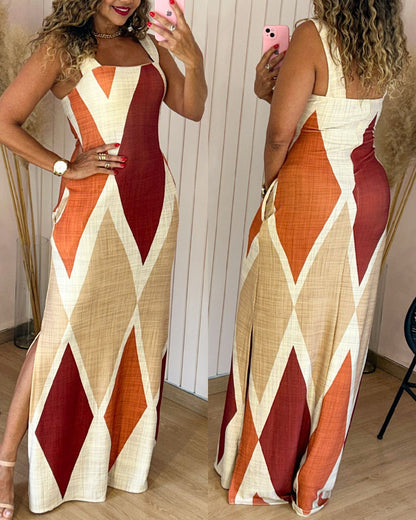 Geometric Print Square Neck Thick Strap Vacation Dress Casual Slim Fit Slit Maxi Dress
