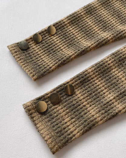 Striped Pattern Skew Neck Button Decor Sweater Casual Drop Shoulder Waffle Knit Top