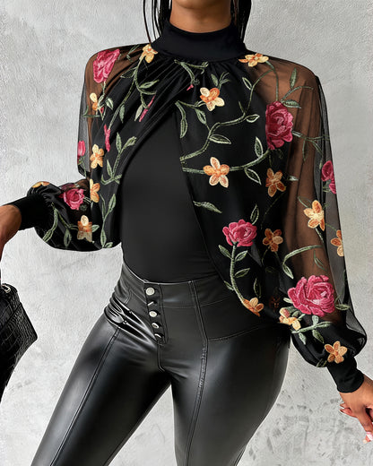 Mock Neck Floral Embroidery Cape-style Mesh Lantern Sleeve Spliced Blouse Ruched Hollow-out Back Slim Fit Top