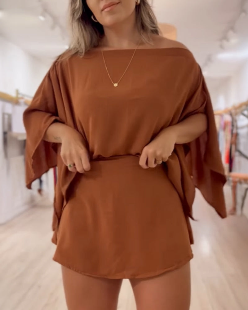 3 Pieces Outfit Solid Off Shoulder Split Sleeve Convertible Crop Top and Casual Elastic Waist Skorts Set With Bandeau(Without Belt)