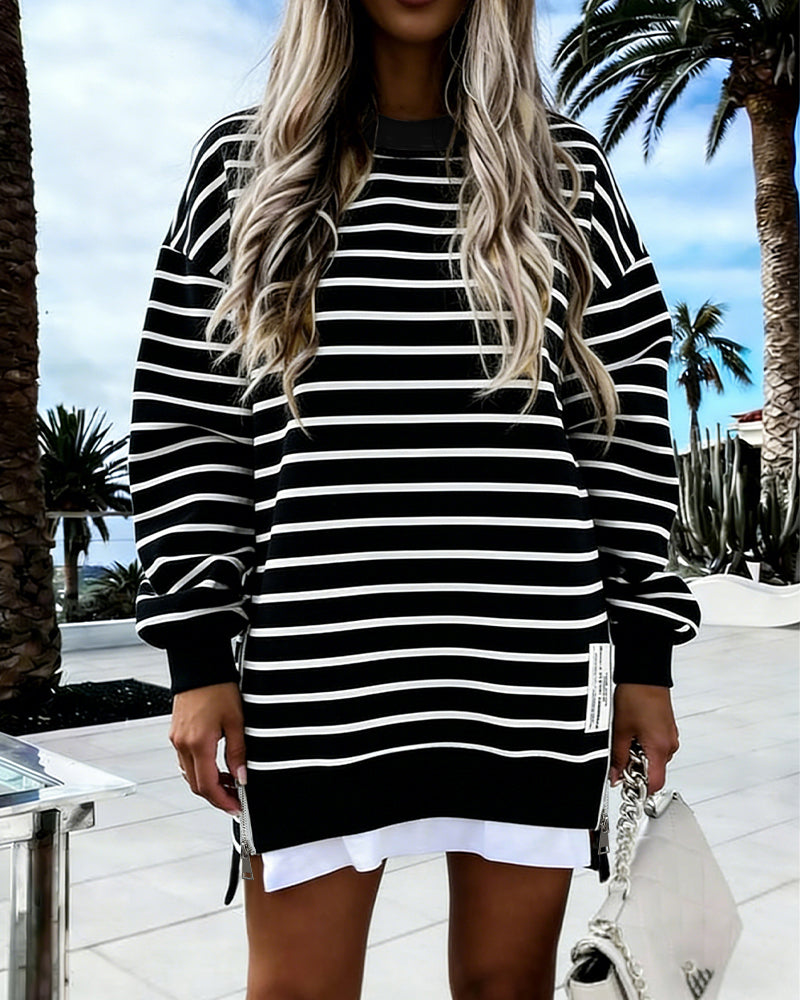 Women's Striped Sweatshirt Dress Long Sleeve Crew Neck Casual Pullover Side Zipper Trendy Streetwear