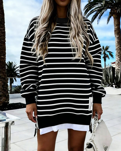 Women's Striped Sweatshirt Dress Long Sleeve Crew Neck Casual Pullover Side Zipper Trendy Streetwear