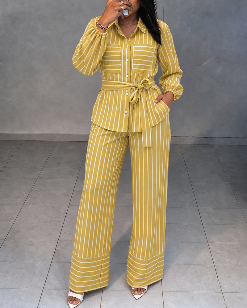 Women's Striped Two Piece Outfit Long Sleeve Shirt and High Waisted Straight Leg Pants Set with Belt Elegant Business Suits