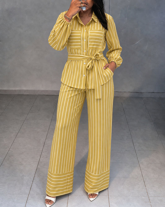Women's Striped Two Piece Outfit Long Sleeve Shirt and High Waisted Straight Leg Pants Set with Belt Elegant Business Suits